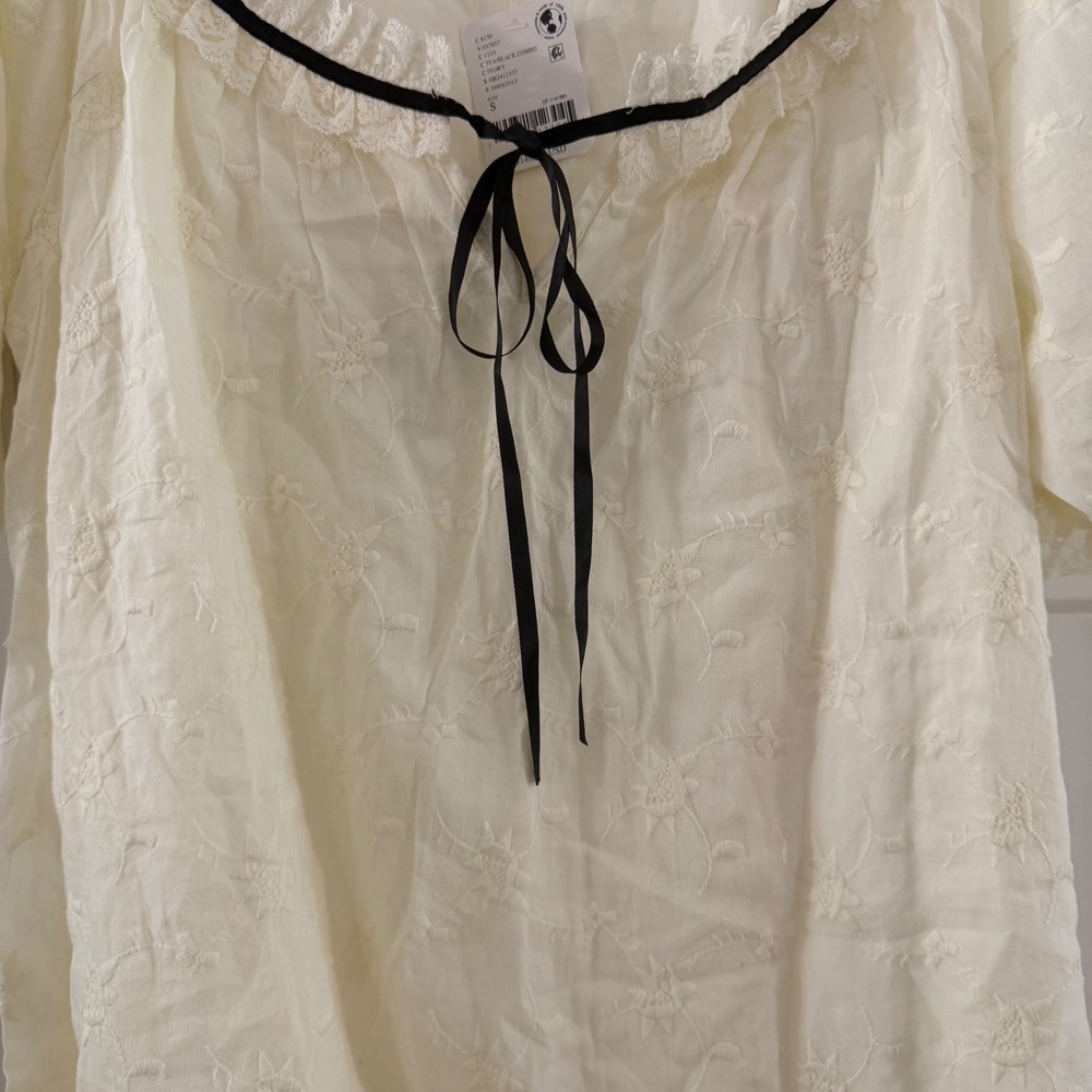 Free People Juno Embroidered Baby Doll Mini Dress Ivory Black S Coquette Boho - Picture 2 of 8